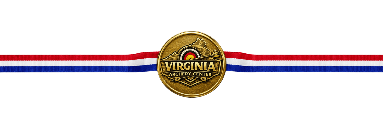 Virginia Archery Center gold medal on a red, white and blue ribbon